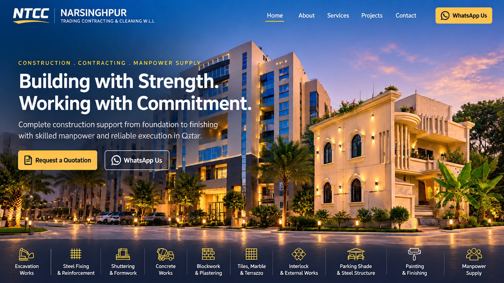 NTCC construction company hero design featuring building and residence